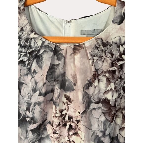 H&M Chiffon Floral Print Trapeze Dress Pleated Neckline Sleeveless Gray Cream 6 - Picture 2 of 5